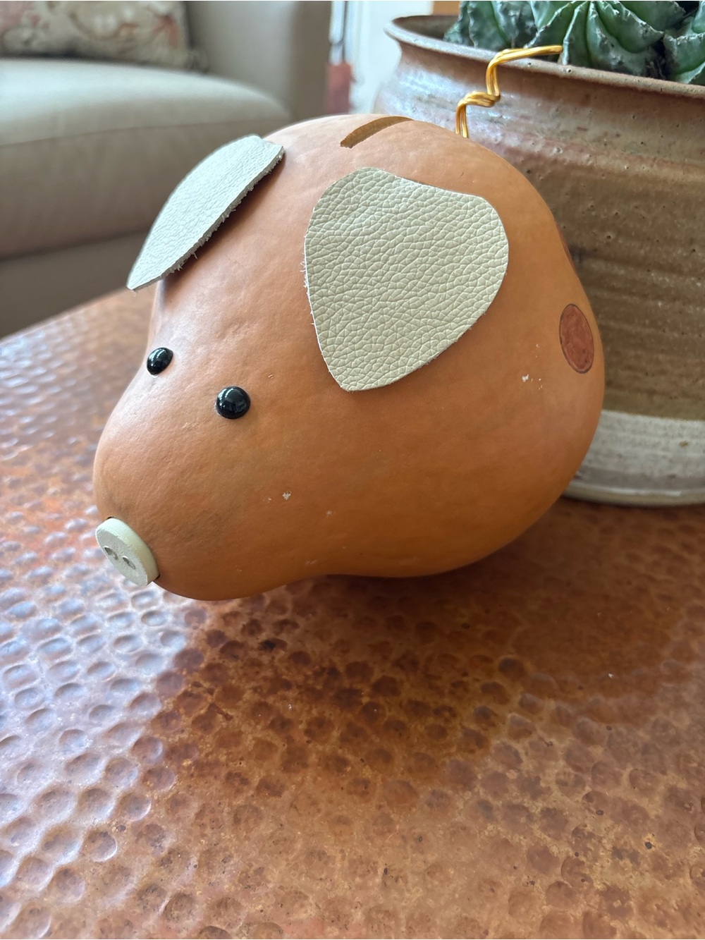 Handcrafted Brown Leather-Eared Gourd Piggy Bank